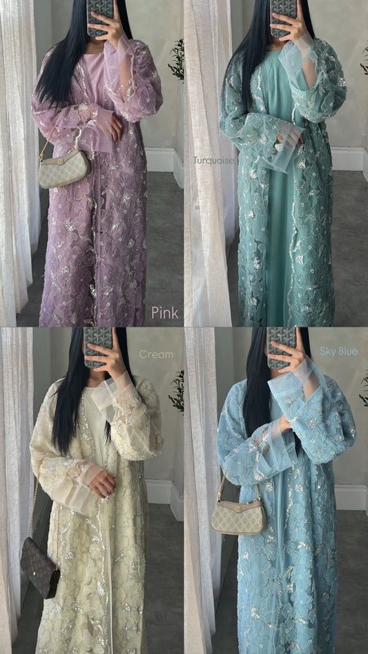 Sequin Crystal Pearl Petal Abaya