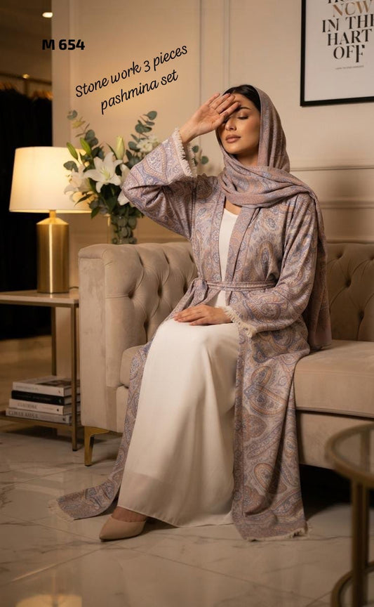 Stone Pashmina abaya with matching Sheila