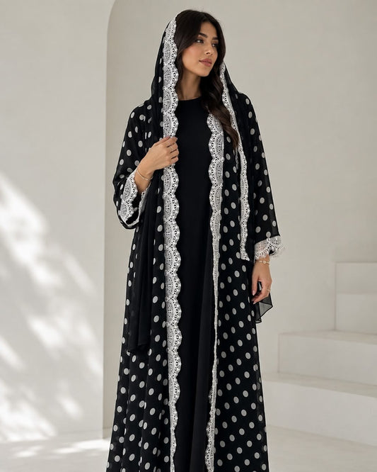 Polka Dot Lacè Abaya-Black