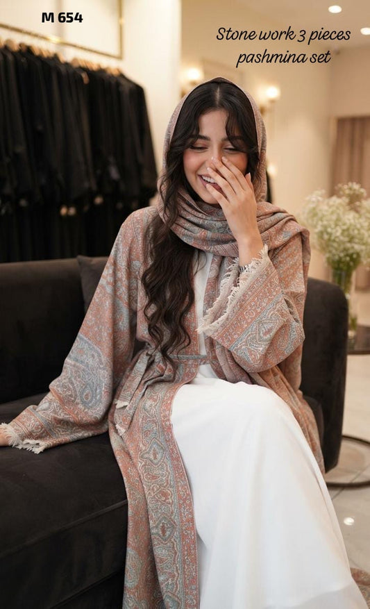 Stone Pashmina abaya with matching Sheila