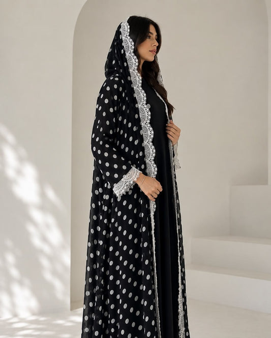 Polka Dot Lacè Abaya-Black