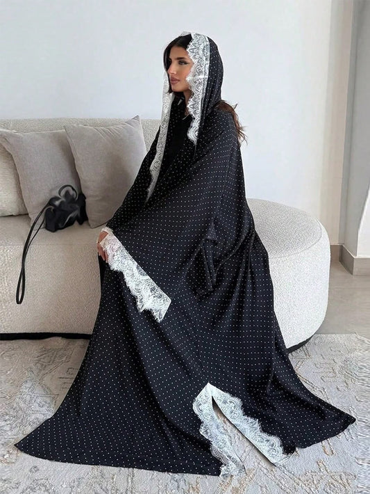 Polka Dot Lacè Abaya-Black-White