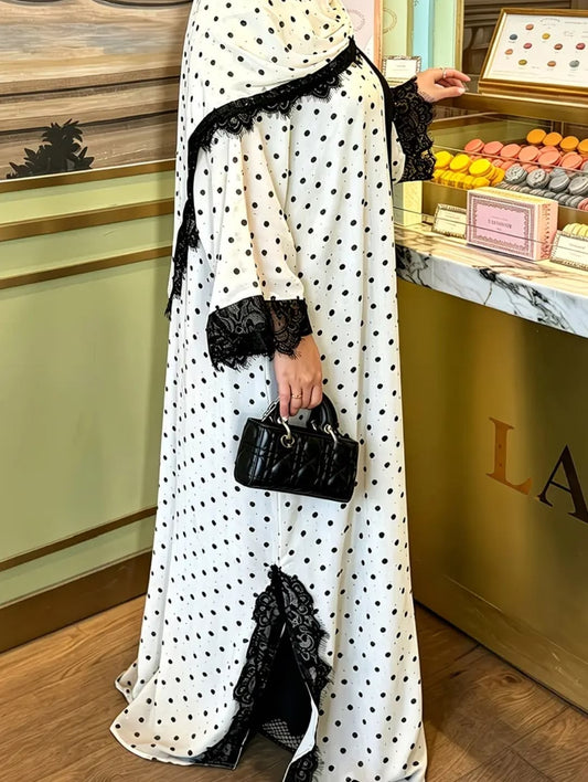 Polka Dot Lacè Abaya-Black-White